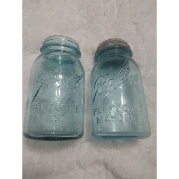 Vintage Blue Glass Ball Mason Jar Extended A Bubbles One Zinc Lid 2 Jars - Picture 12 of 13